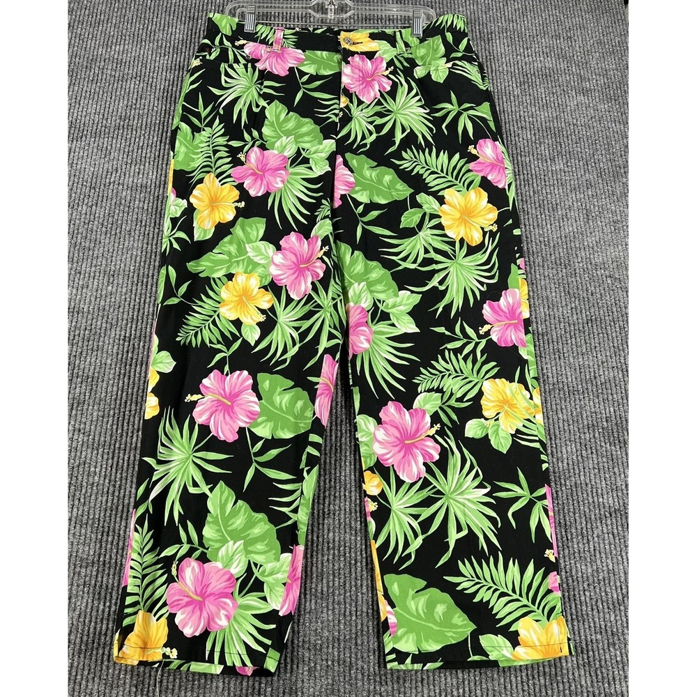 Lauren Ralph Lauren Pants Womens 14W Black Floral Tropical Hibiscus Print Casual